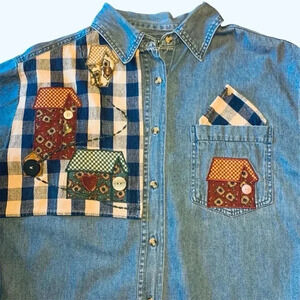 Vintage Cottage-Core Quilted Denim Shirt PTNY- Size Large